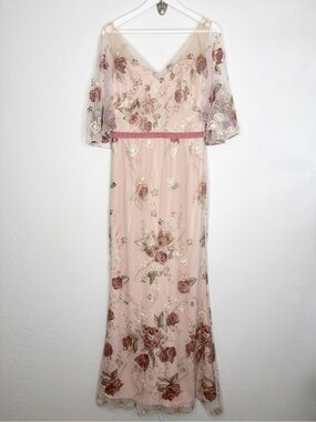 Marchesa Notte Embroidered Cape Sleeve Gown Blush Floral Metallic Size 8 New